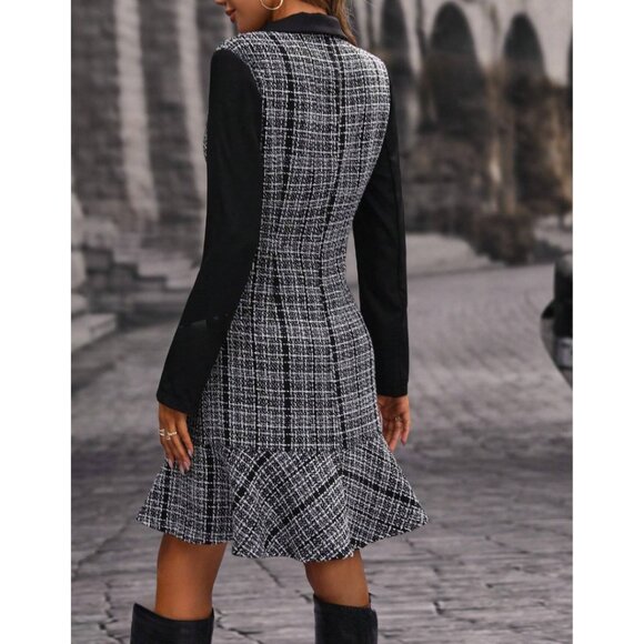 Plaid Double Breasted Ruffle Hem Dress Black - Picture 3 of 8